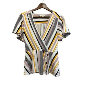 Faith and Joy Striped Surplice Top Women's Flutter Sleeve Blouse Button Detail